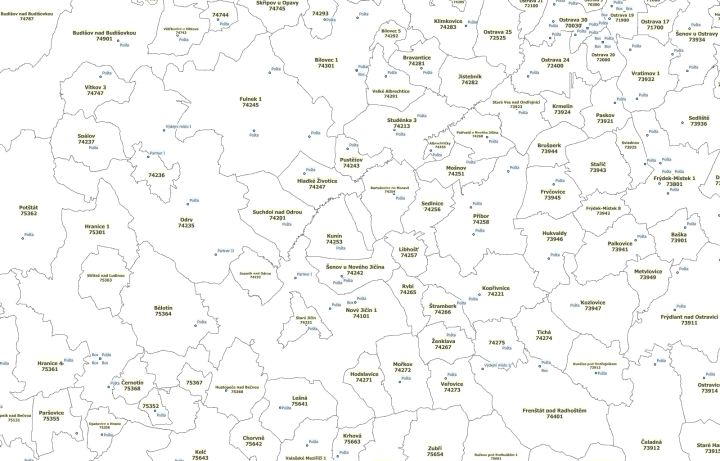 Postcode Vector Map - a combination of postal region border regions with a point layer of post offices.